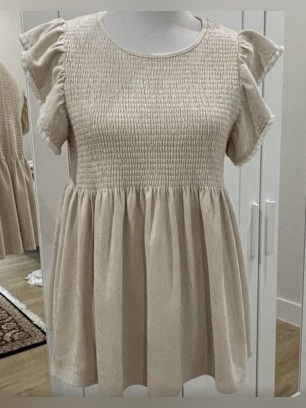 THML Cream Smocked Babydoll Top Ruffle Sleeve Textured Blouse